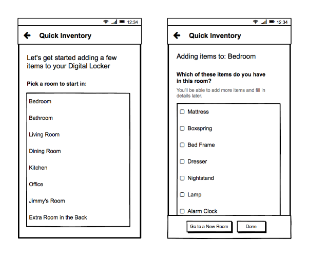 An example of low-fidelity wireframes for Digital Locker.